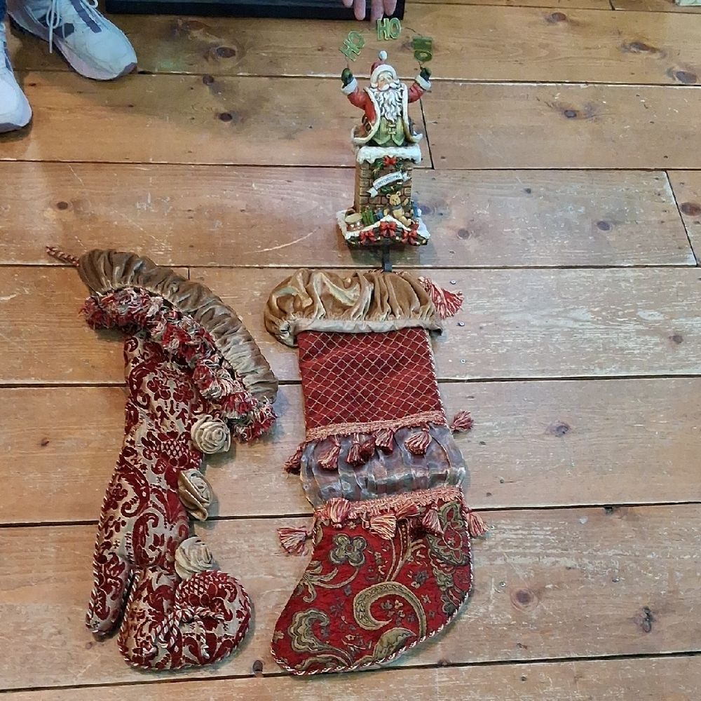 Vintage Chateau brocade/velevet/satin stockings-2 plus Santa stocking holder-3pc